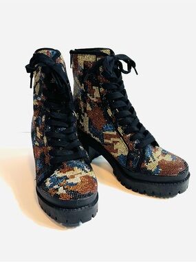 Steve Madden Size 8 Pass Rhinestone Combat Boots Blue Orange Gold NWOT